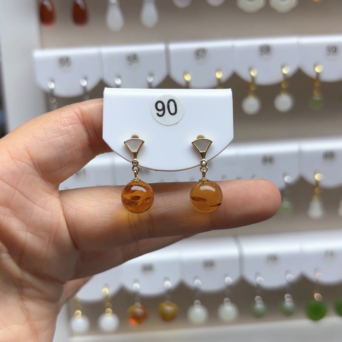 银S925镶嵌琥珀（花珀）耳饰花珀