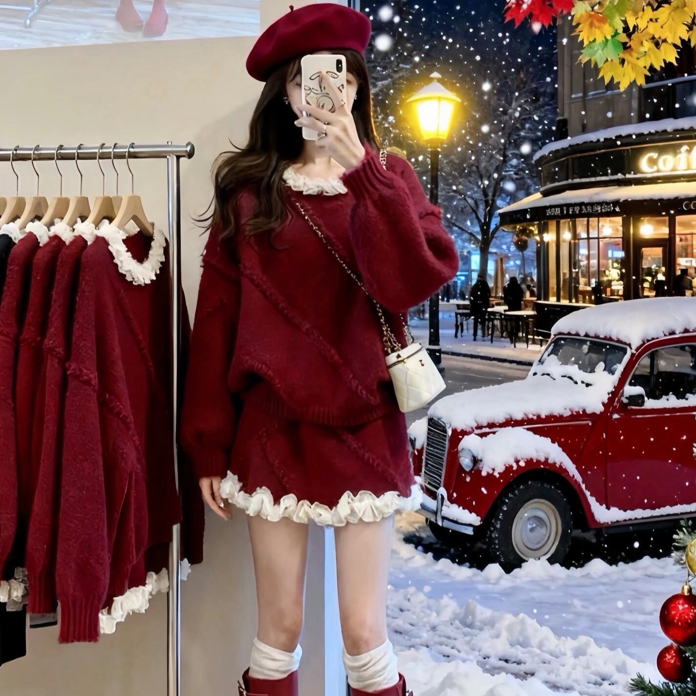 氛围感穿搭圣诞红色花边领针织毛衣短裙两件套女秋冬新款时尚套装