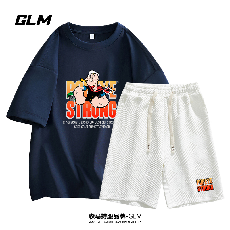 大力水手联名GLM【休闲套装】宽松短袖T恤纯棉青少年百搭五分裤上衣