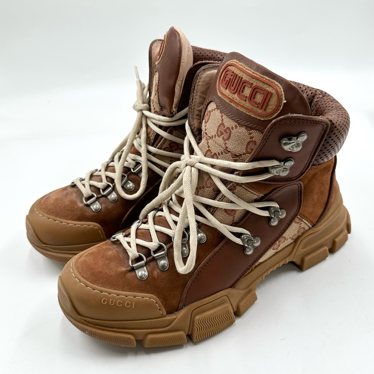 95新 GUCCI/古驰 40码/棕色厚底高帮登山老爹鞋/磨损/06260