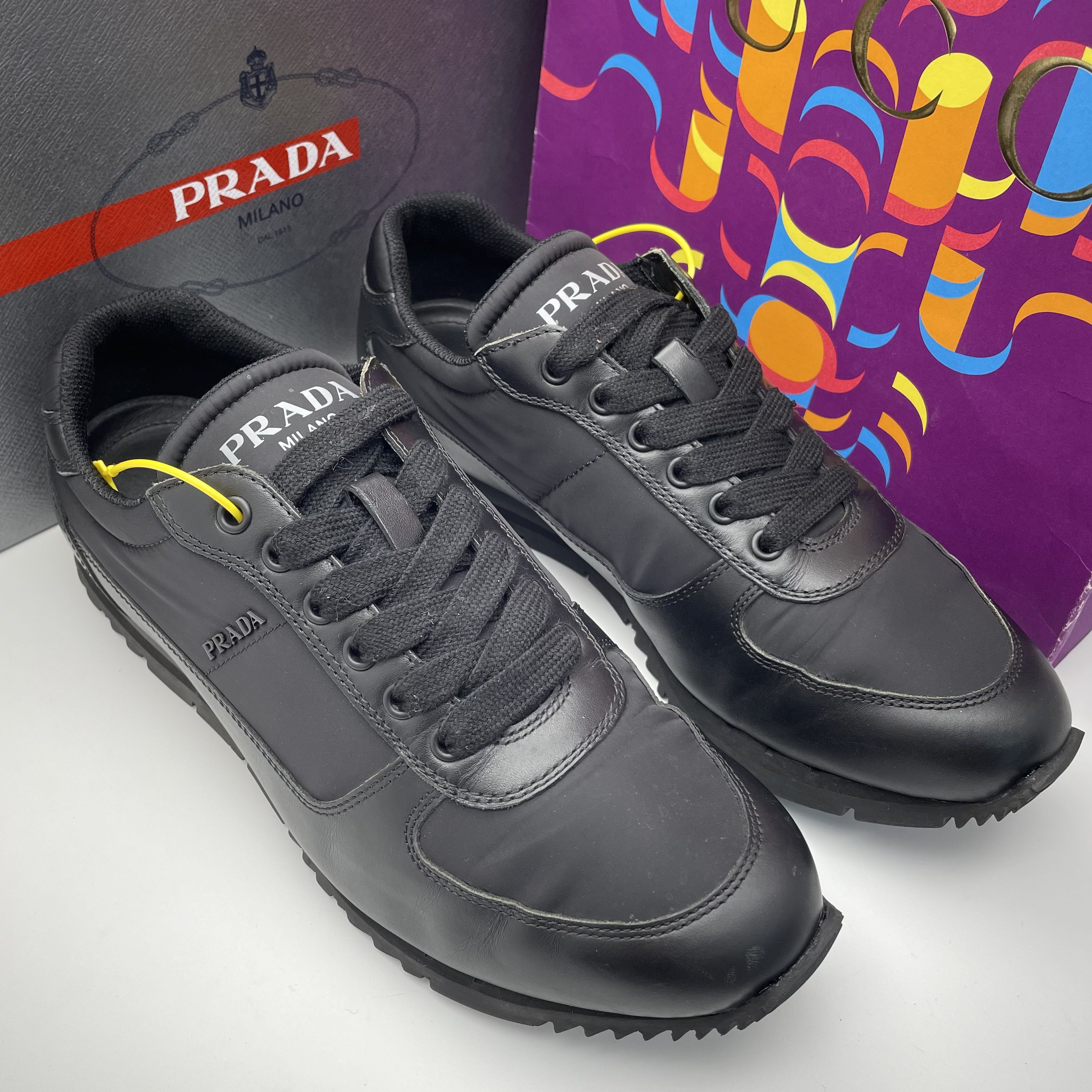 95新 Prada/普拉达 42.5欧码/黑色织物皮面拼接休闲运动鞋