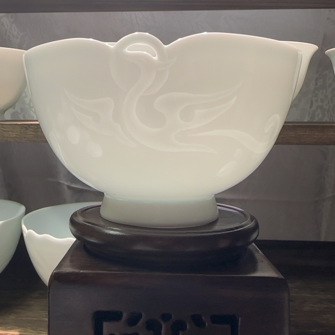 纯手工雕刻青白瓷古凤陶瓷碗