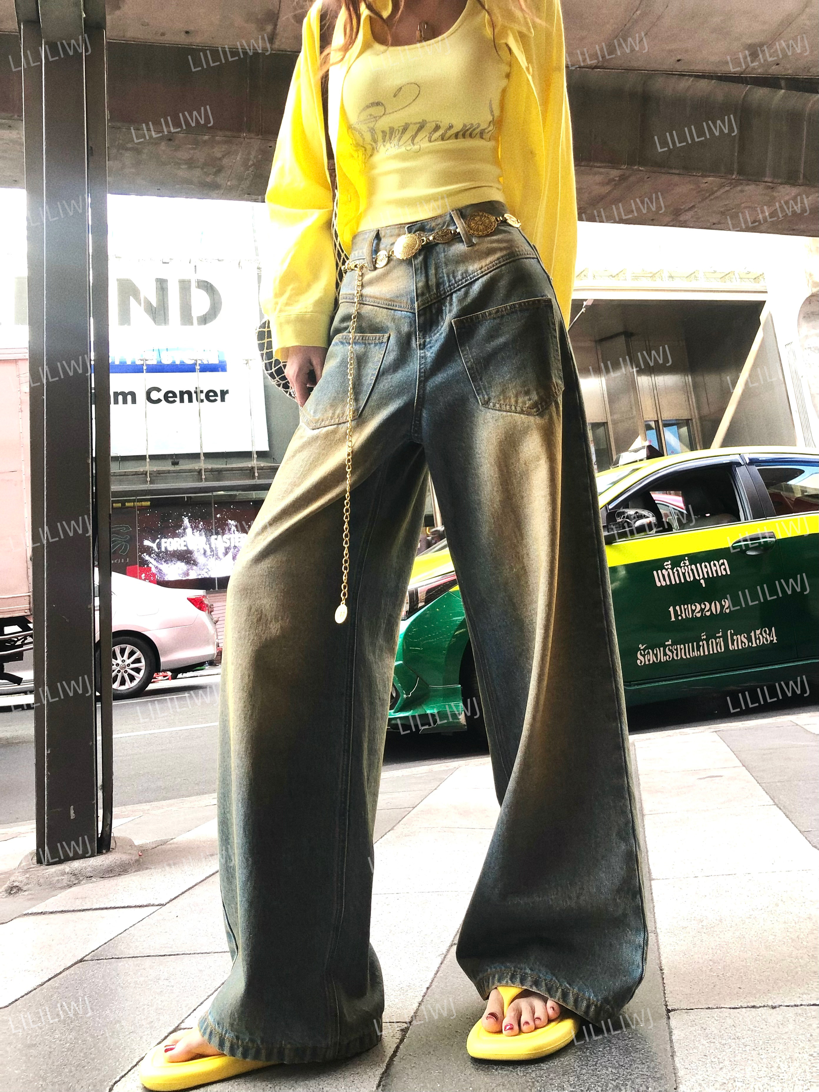 婉君【晕染口袋】早春晕染宽松阔腿设计感牛仔裤LWJ24A1K546