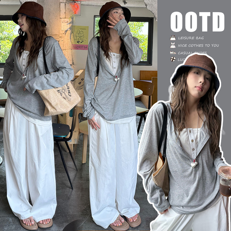 早秋季孕妇装2025潮款高质量假两件慵懒上衣高腰阔腿裤两件套秋装