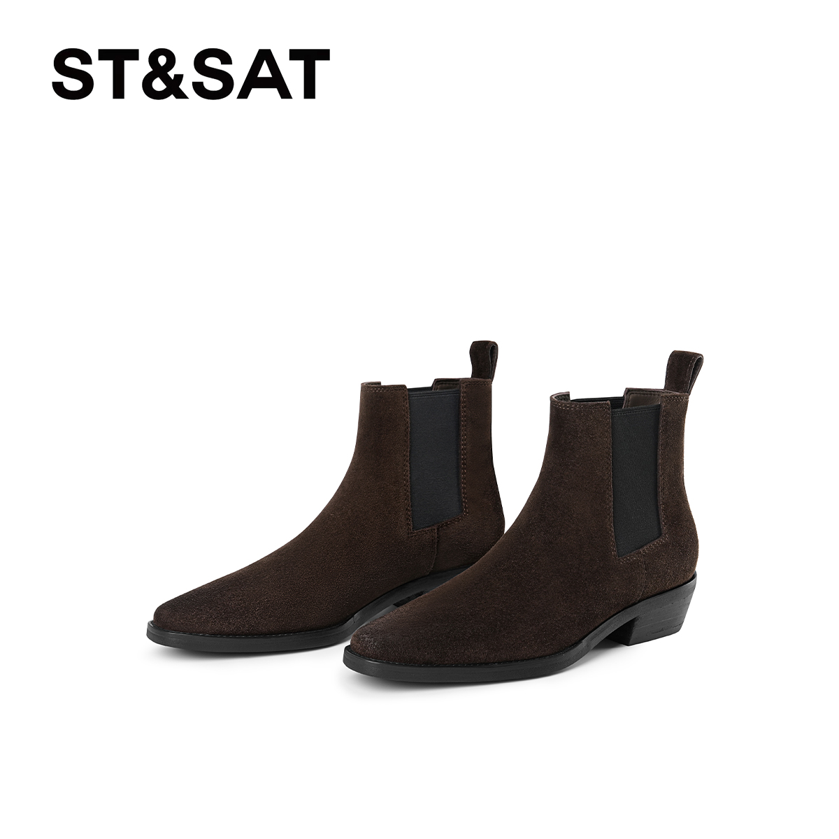 St&Sat/星期六时尚切尔西靴简约秋冬黑色粗跟短靴休闲风时装靴