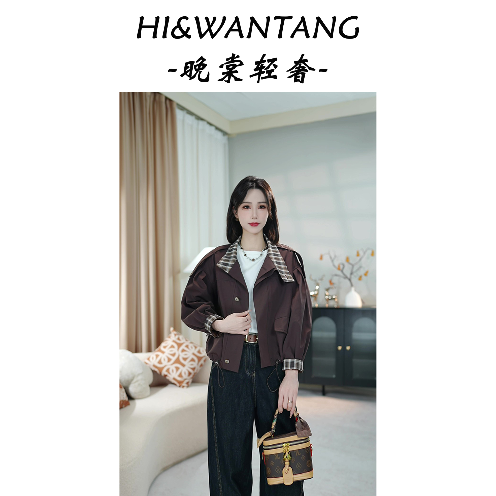 秋季新款休闲格子拼接工装外套女百搭高级感小个子夹克上衣25012