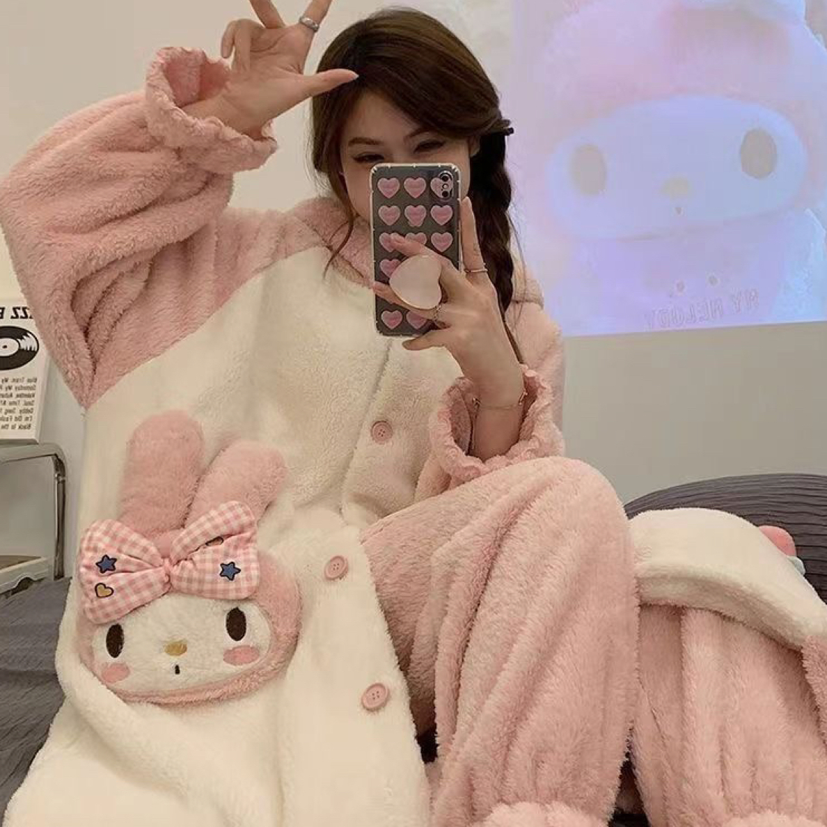 新粉兔新款加绒加厚可爱家居服秋冬季珊瑚睡衣睡袍