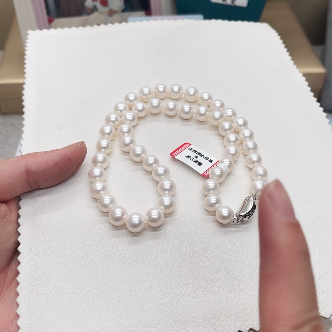 淡水珍珠项链银S925镶嵌9-10mm正圆款C