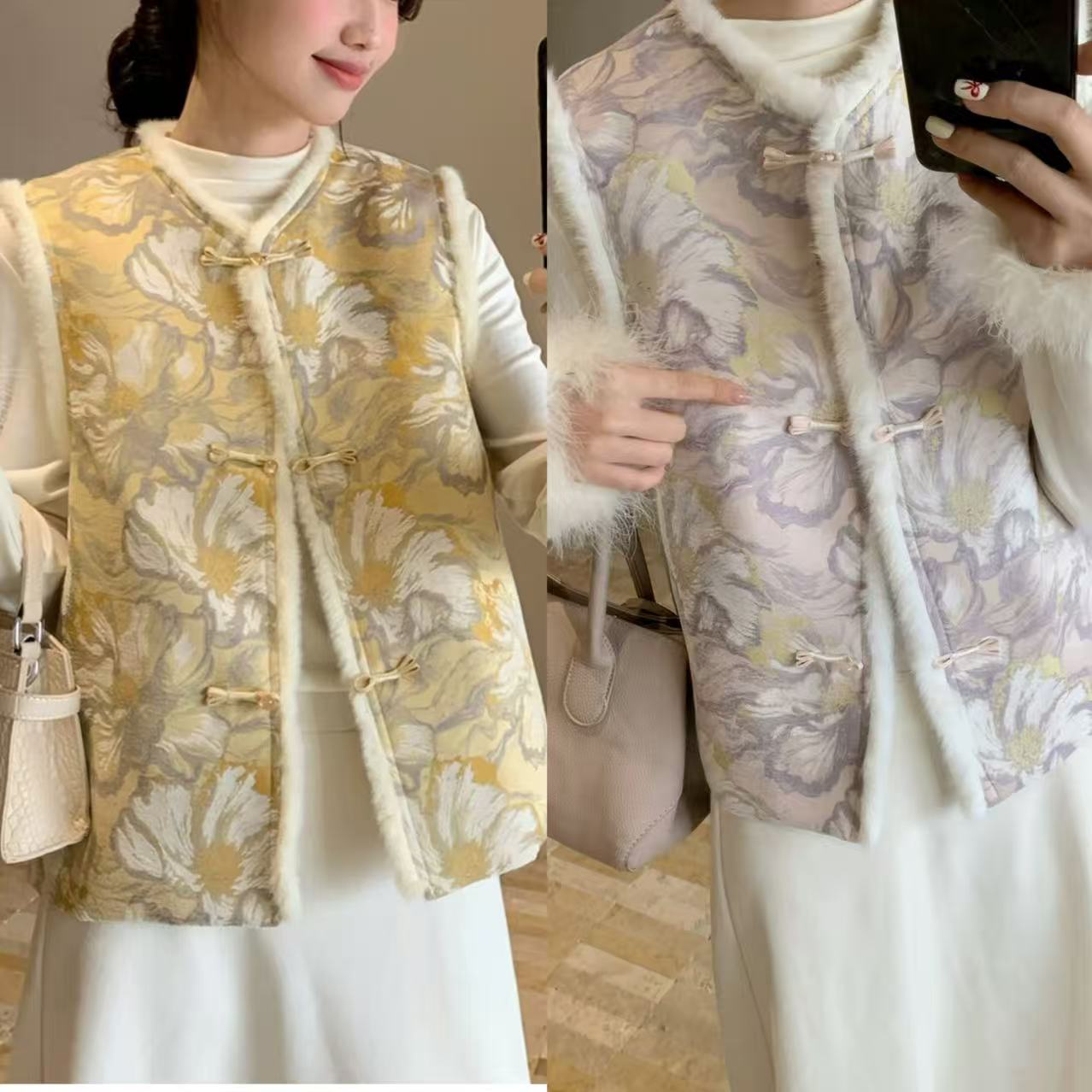 LL琳新中式圆领印花盘扣复古拼毛边保暖外穿背心（单马甲）25966