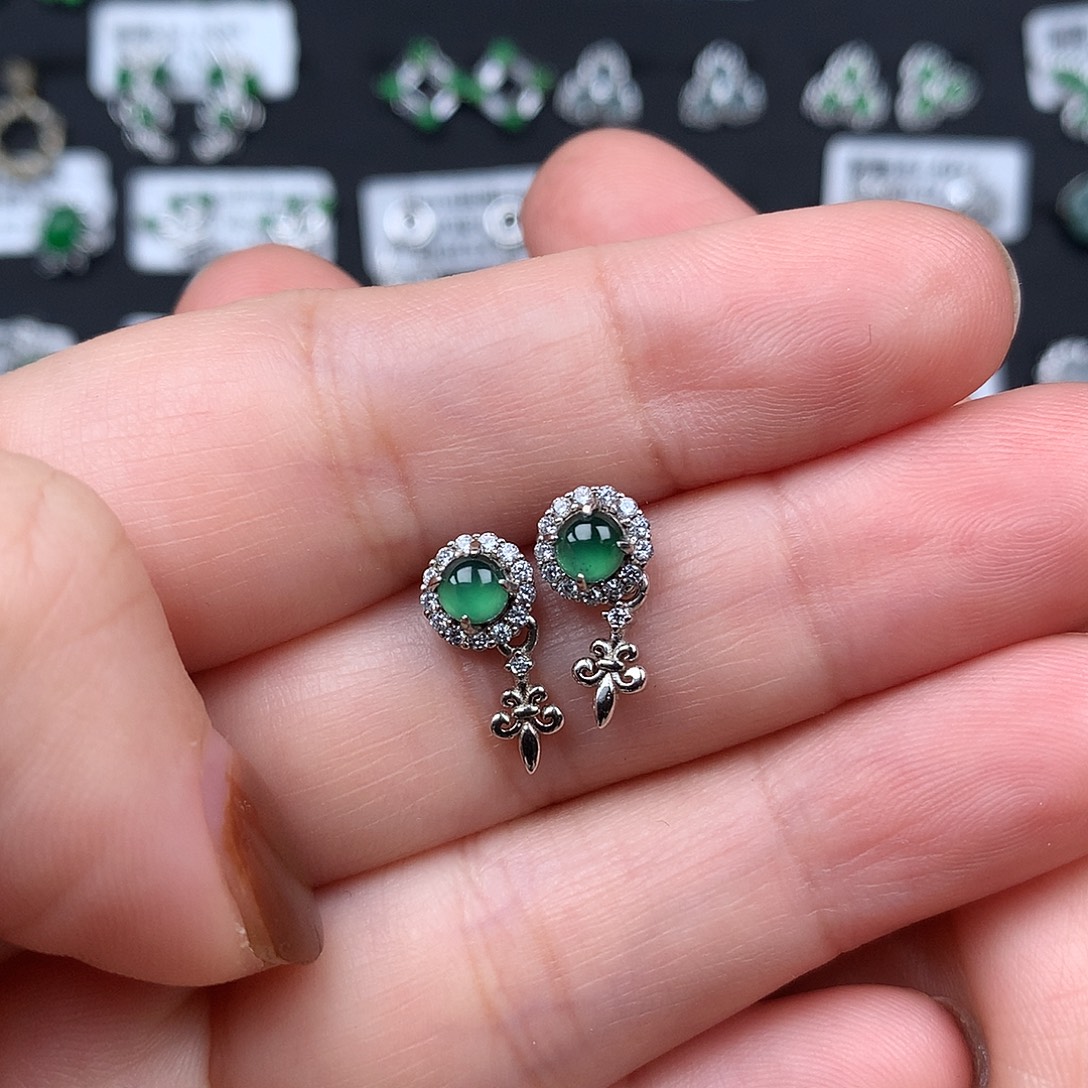 翡翠银S925镀金镶嵌耳饰