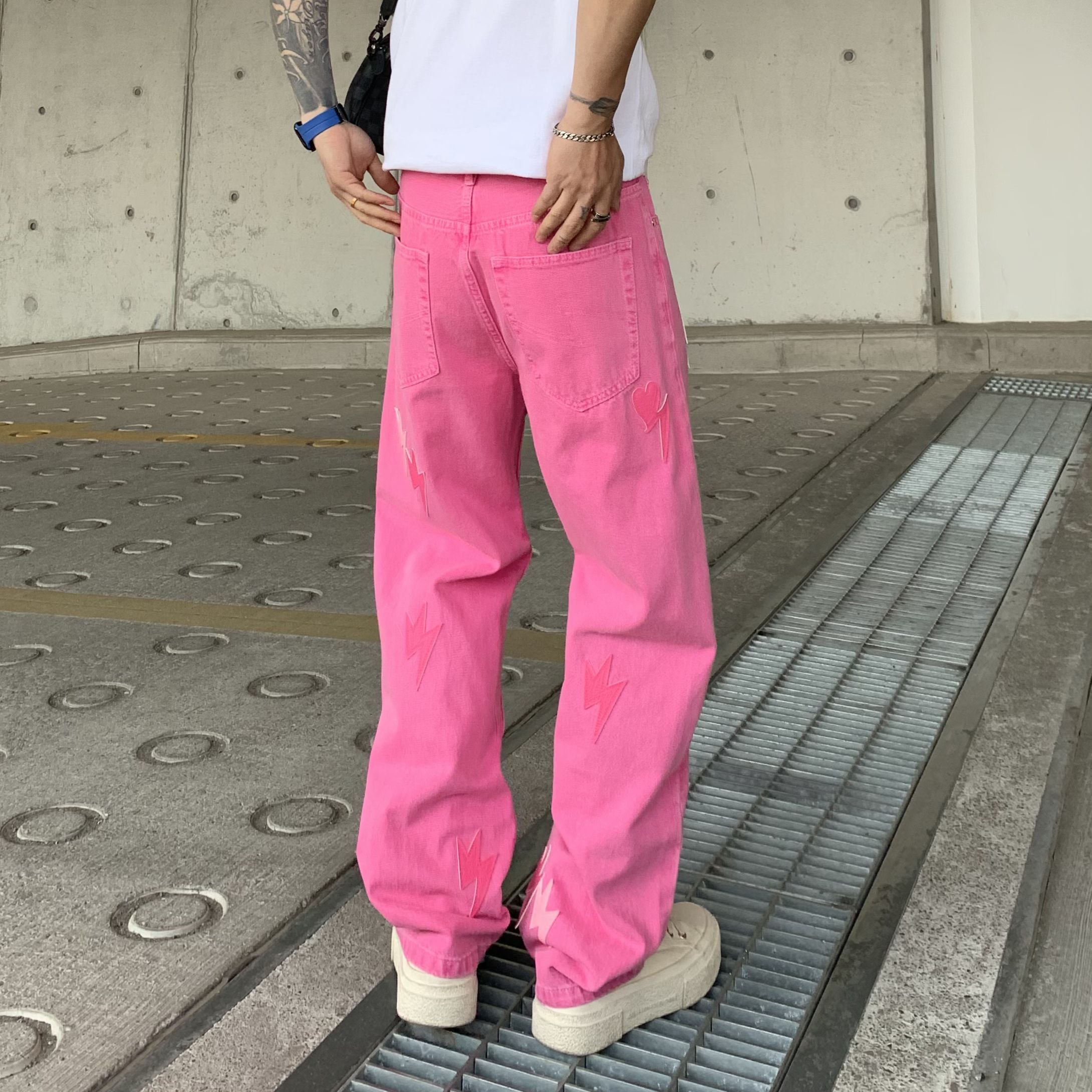 【大码男装260斤】  多巴胺 美式高街 闪电设计感牛仔裤 宽松直筒