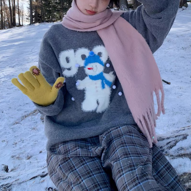 美好雪人圆领毛衣宽松秋冬百搭