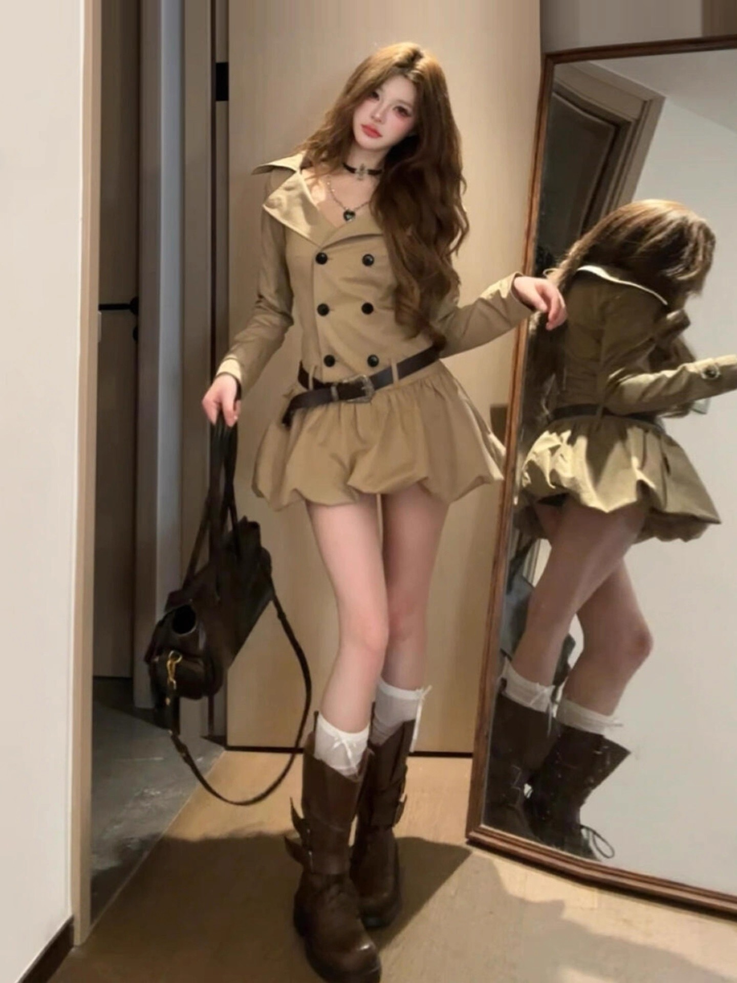 复古大翻领显瘦蓬蓬裙 双排扣风衣式收腰连衣裙