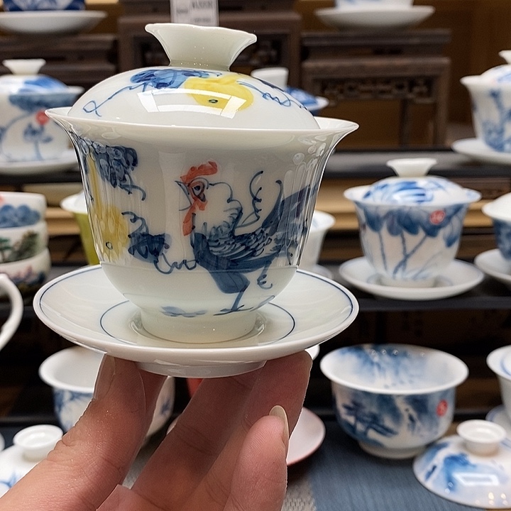 手绘微瑕公鸡盖碗