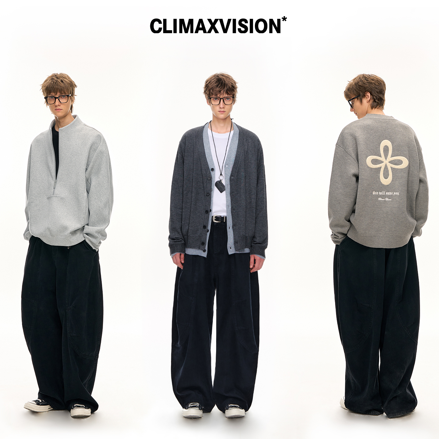 CLIMAX VISION轻解构分割切线宽松弧线弯刀廓腿牛仔长裤男女同款