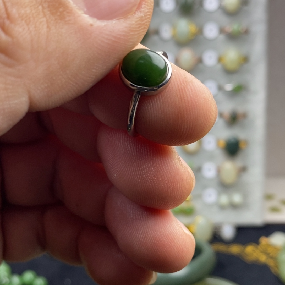 和田玉（碧玉）银S925镀金镶嵌戒指