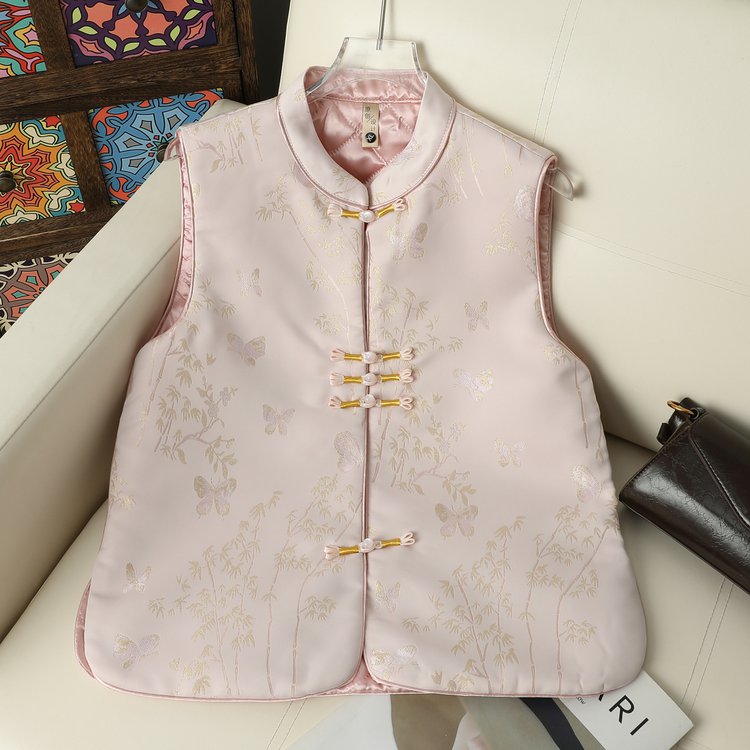 冬季提花马夹秋季国风粉色女马甲无袖印花秋冬女士复古立领马甲