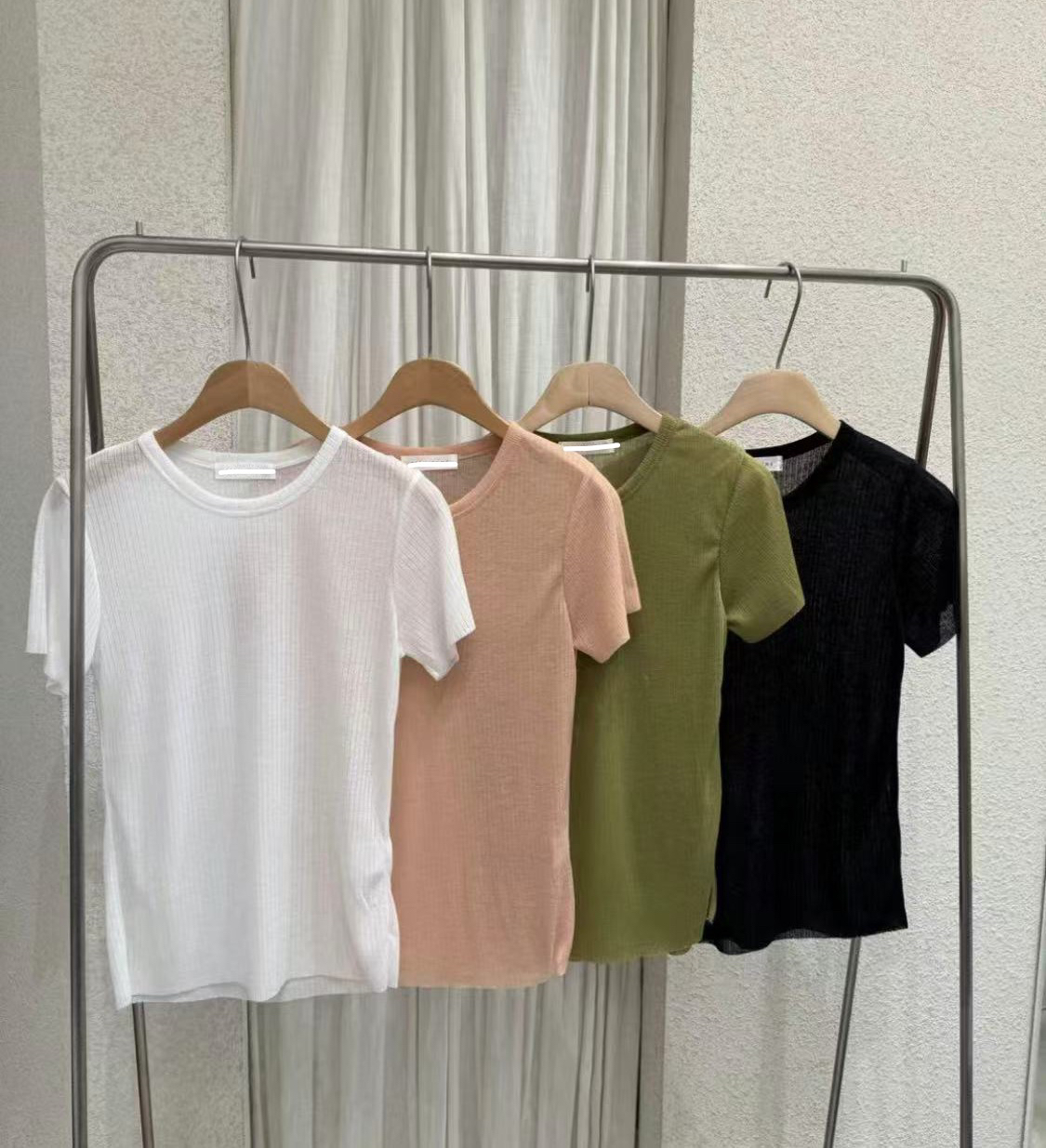 韩国正品 25夏 透视感竖纹坑条圆领短袖T（N0退）