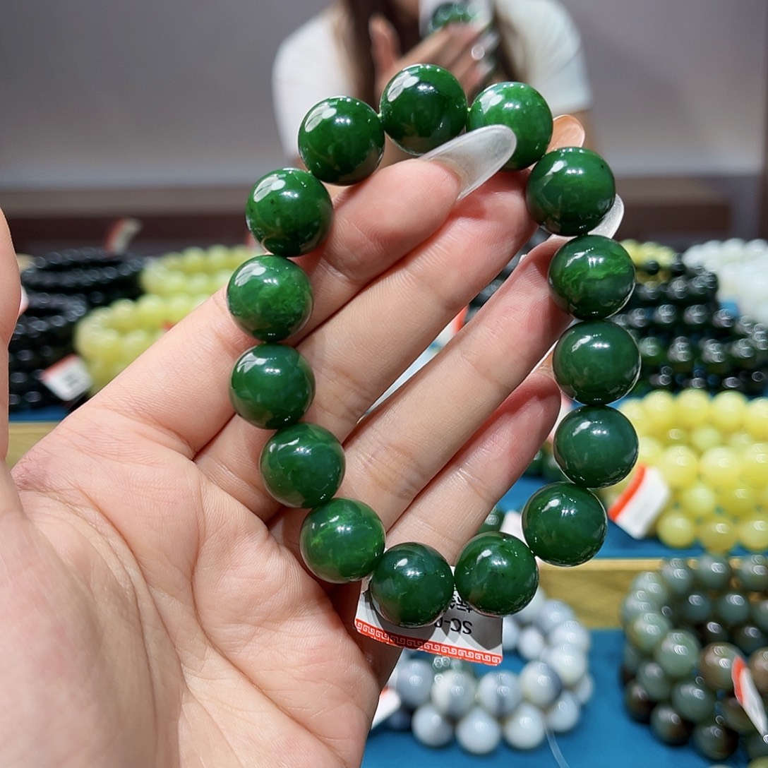 用***9手链未镶嵌和田玉纯天然和田玉俄碧5号矿菠菜绿14