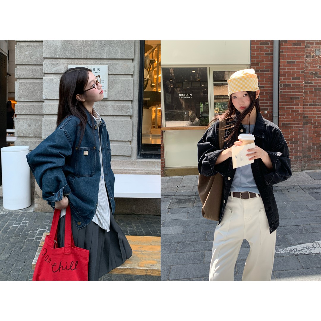 RAINY 美式经典复古翻领牛仔外套春秋女宽松百搭贴袋韩系新款夹克