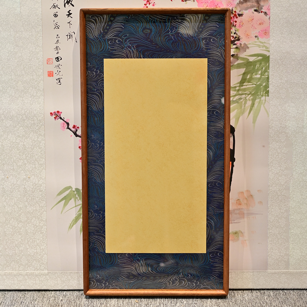 蓝宋锦【33*66】竹月凤尾锦沙比利乌檀木双眼皮实木画框榫卯