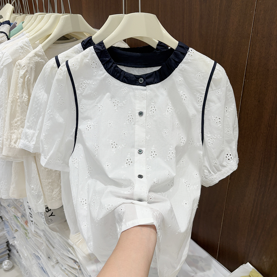 季念女夏季短袖衬衫V领刺绣蕾丝上衣百搭休闲时尚小众上衣