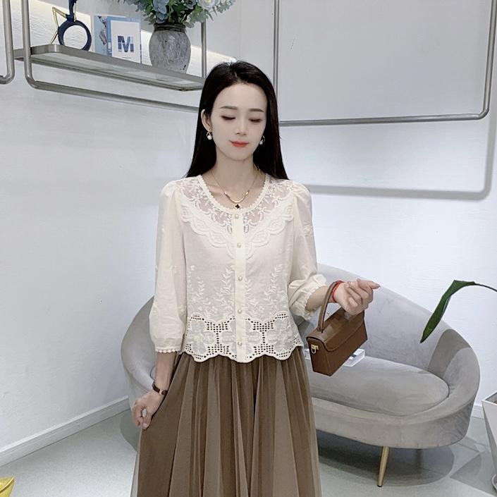 早秋时尚蕾丝提花七分袖衬衫2025年女士新款气质减龄上衣显瘦遮肉