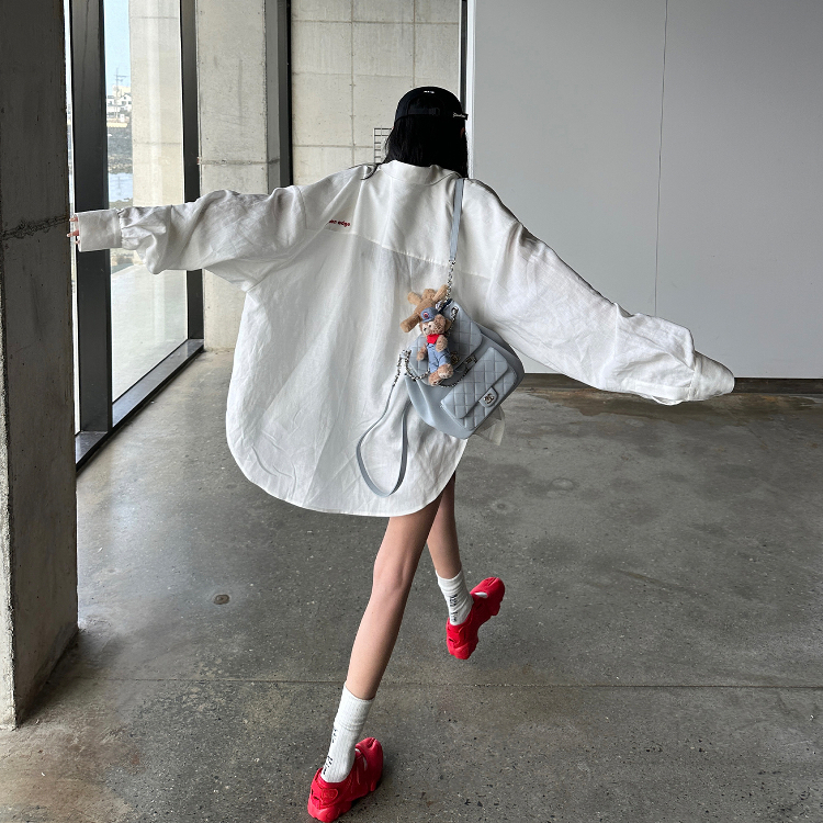 韩好甜WARDEN EDGE 白色亚麻衬衫外套女夏季宽松翻领长袖防晒上衣
