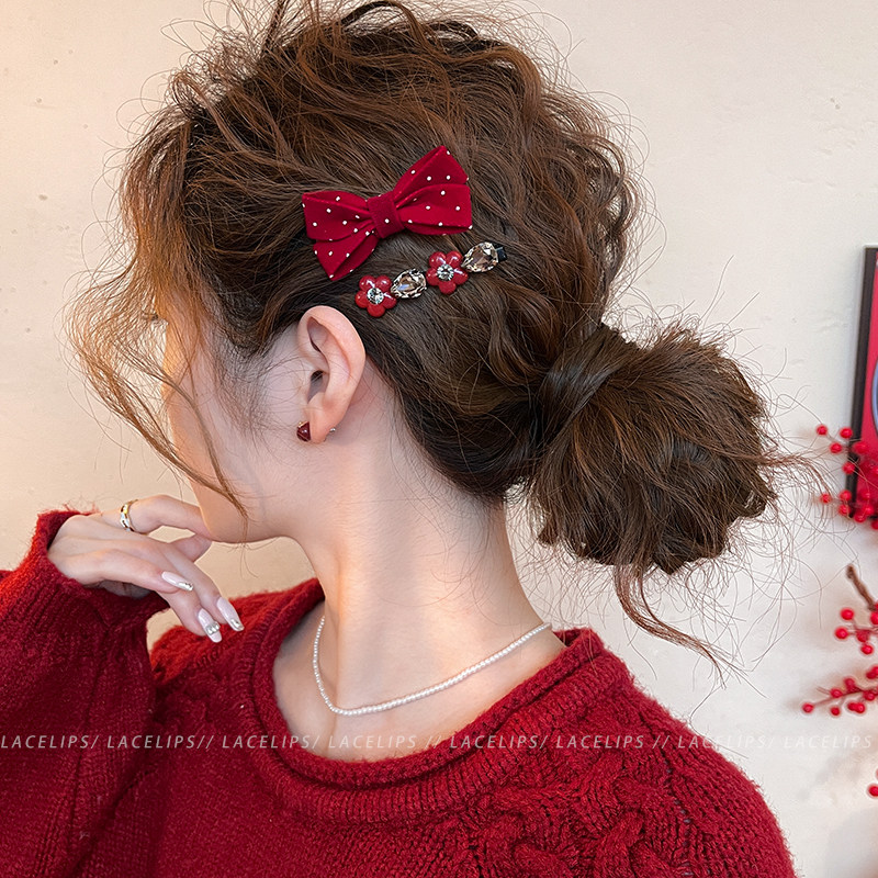 红色蝴蝶结花朵发夹女闪钻侧边夹发卡2025新款高端刘海夹新年头饰