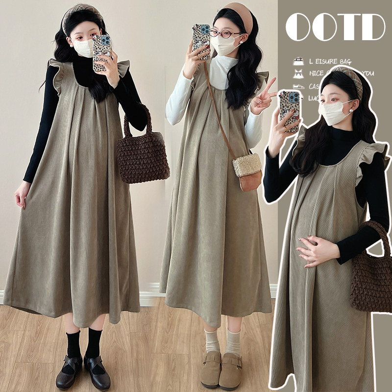 孕妇套装2026秋冬软糯加厚棉绒A字背心裙打底两件套大码孕妇装