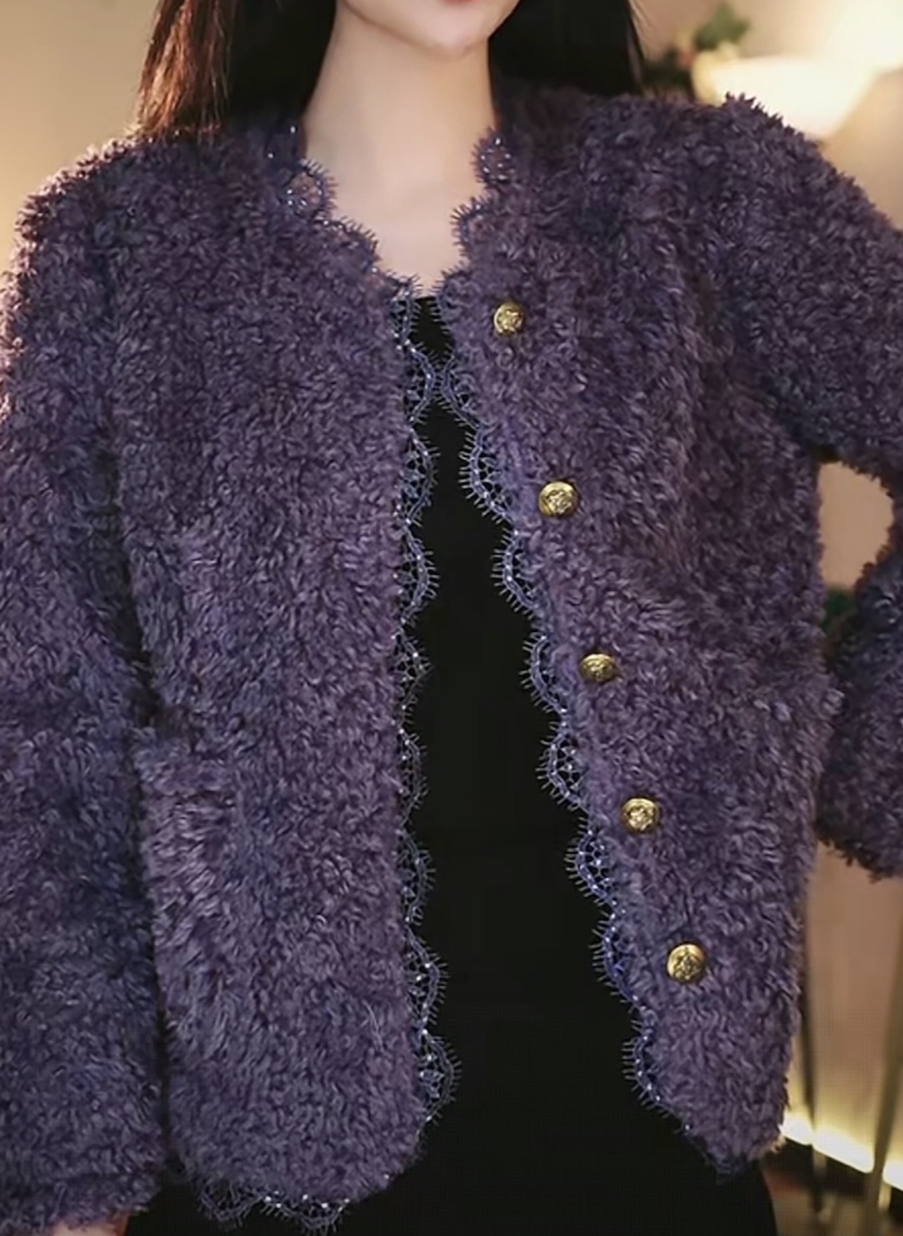 [星蒂衣橱]羊羔毛-爆款时尚轻奢蕾丝边气质外套开衫1558