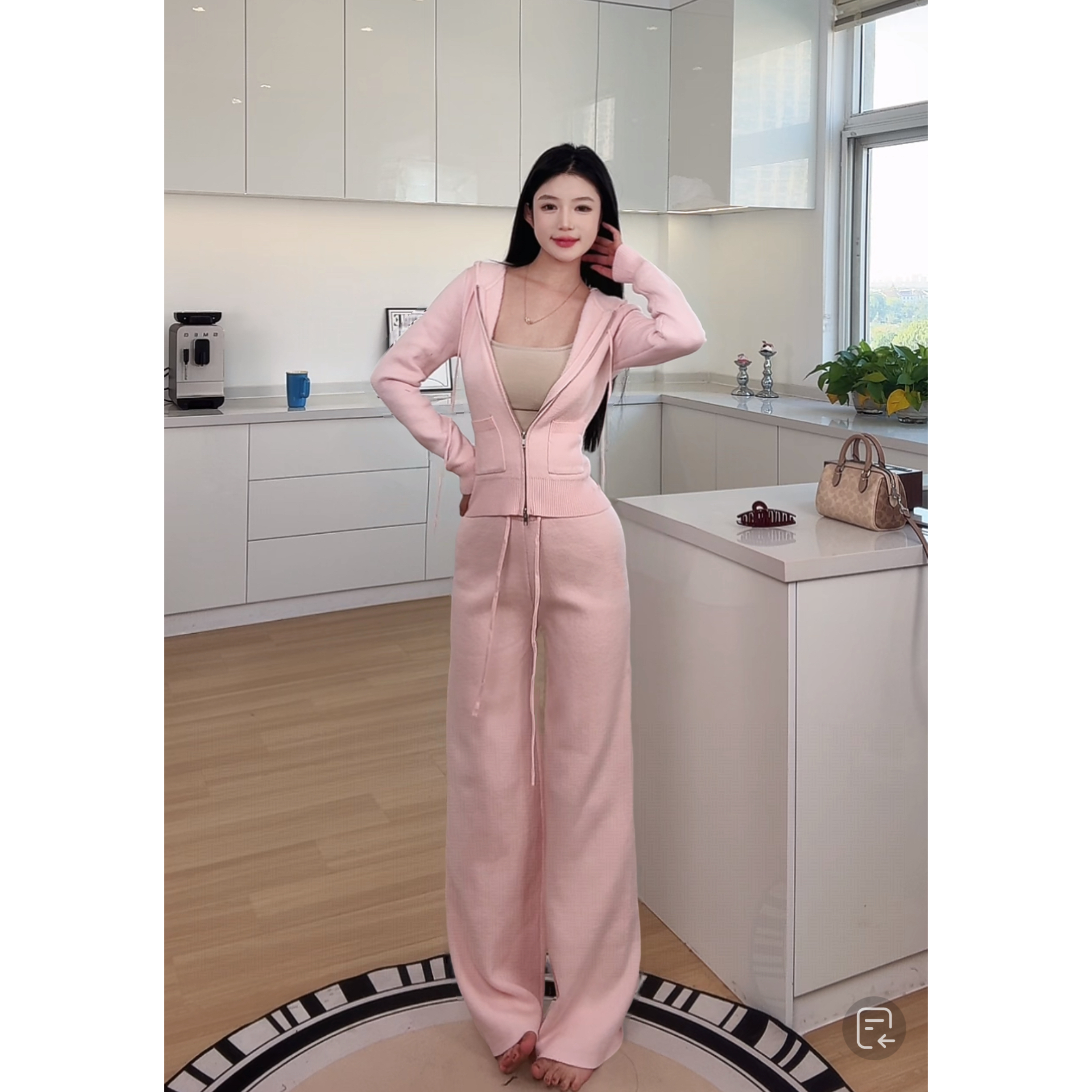 收腰显瘦连帽毛衣加绒加厚阔腿裤慵懒风时尚套装休闲风修身INS风