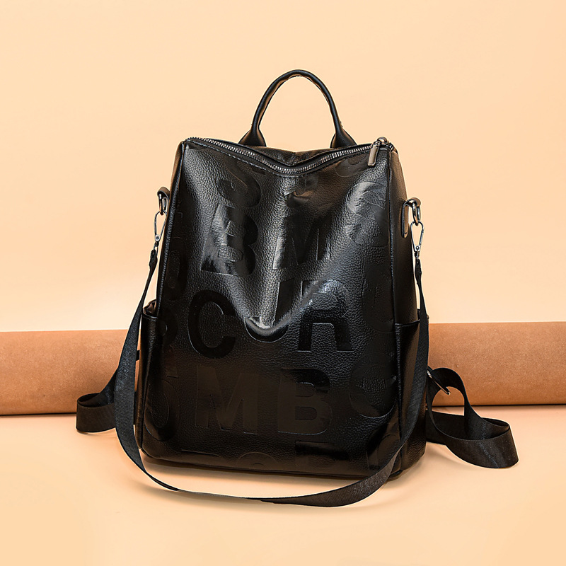 潮流双肩包女2025新多功能书包大容量字母软pu纯色女士旅行肩背包