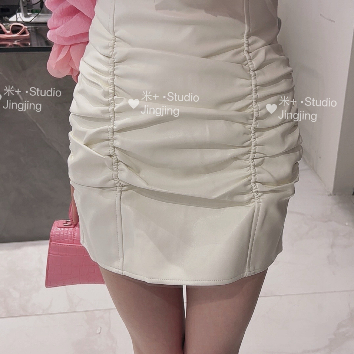 Mi+【百搭皮裙】高腰褶皱遮肉显瘦蛋白超舒适半裙