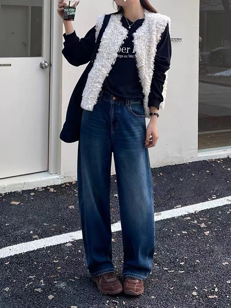 85935 莉莉 冬季森调无弹特绒蓝色十分弯刀裤牛仔裤女