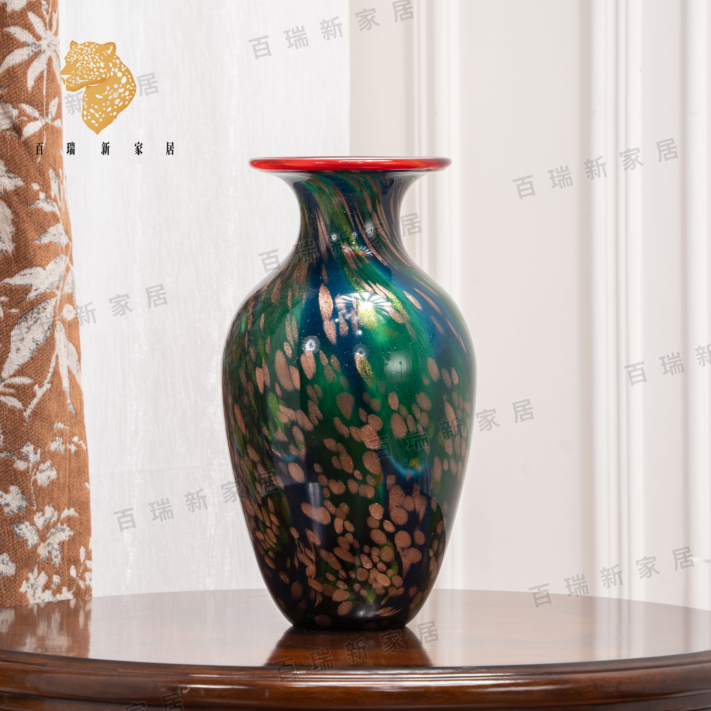 百瑞新轻奢绿色花瓶摆件玄关琉璃花瓶装饰摆件-SJY37026