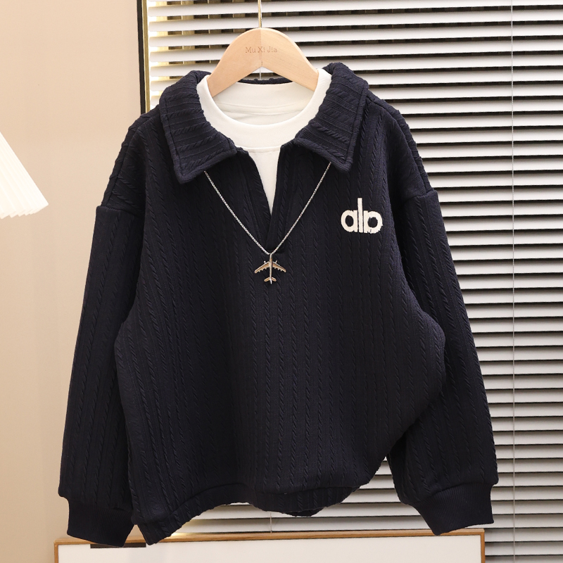 童装高货假两件男童加绒卫衣2025新款中大童秋冬装加厚保暖上衣潮