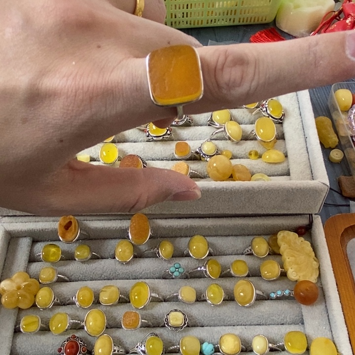 蜜蜡裸石银S925镶嵌戒指