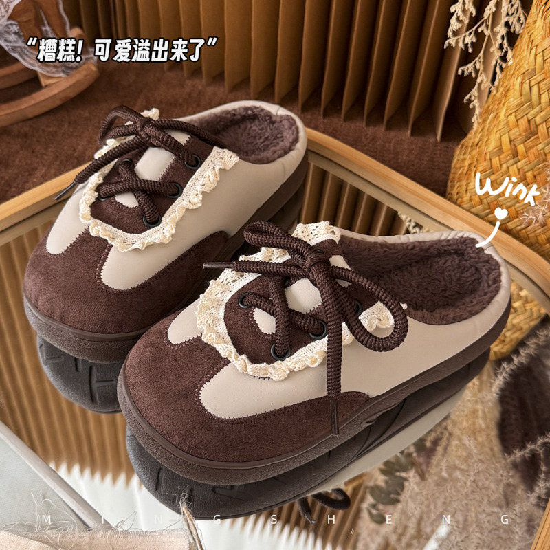 秋冬厚底踩屎感外穿居家防滑静音加绒防滑韩版绑带德训棉拖鞋家居