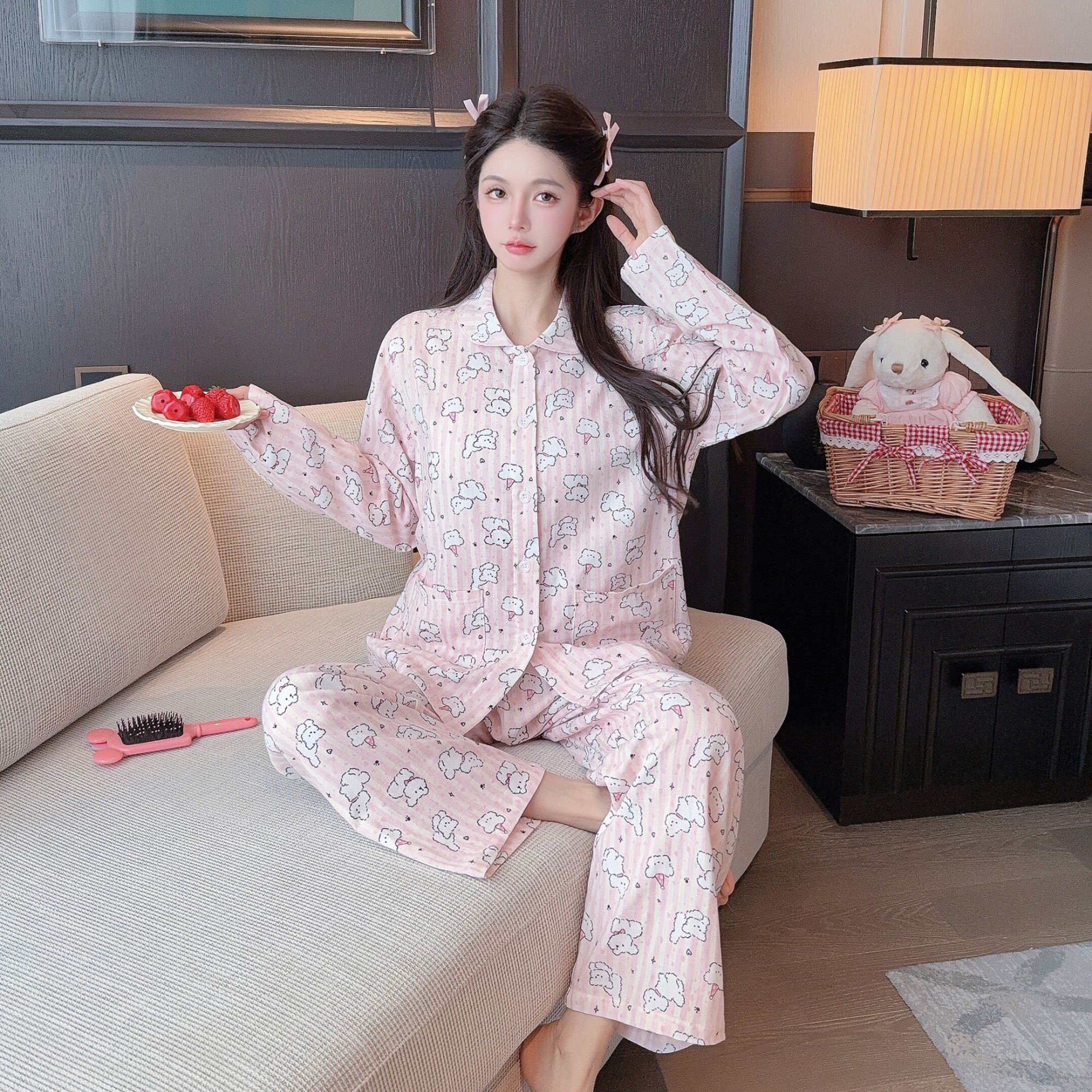 梭织精梳有氧全棉双层纱 长袖长裤 新款甜美家居服套装女