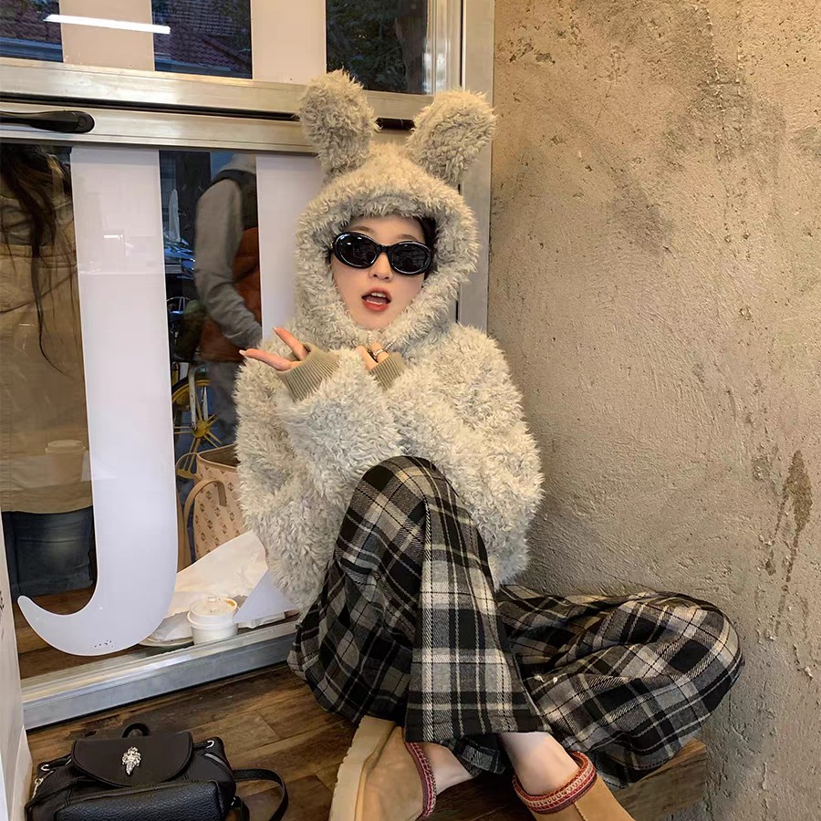 erume加绒格子休闲裤慵懒复古宽松抽绳松紧腰直筒阔腿拖地裤#