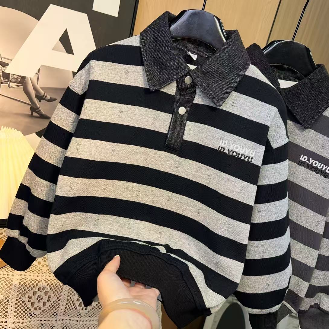 条纹牛仔POLO领卫衣~2025男童时髦复古风条纹卫衣S10296