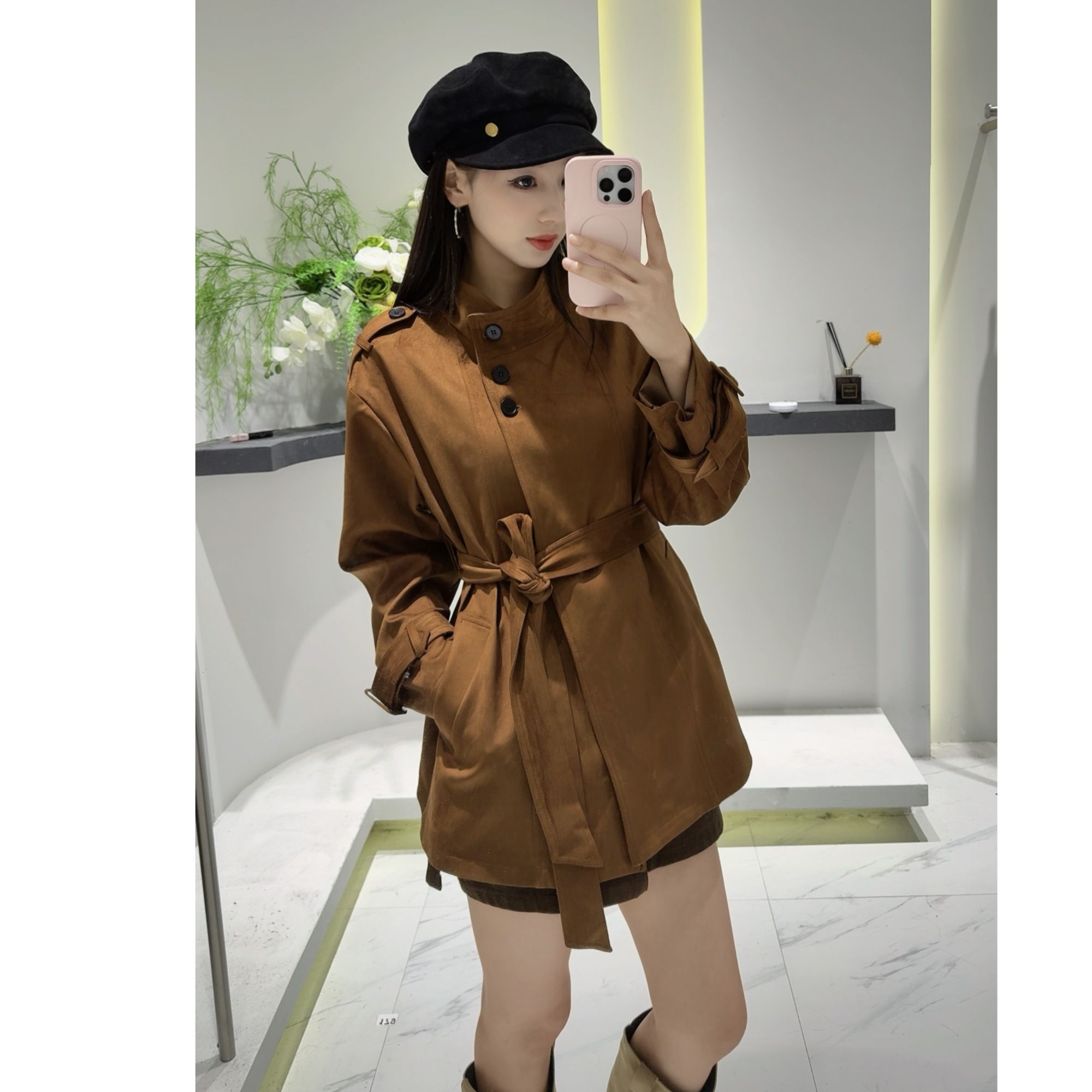 【格子家】复古立领皮衣外套女士秋季新款美式高级感休闲长款1234