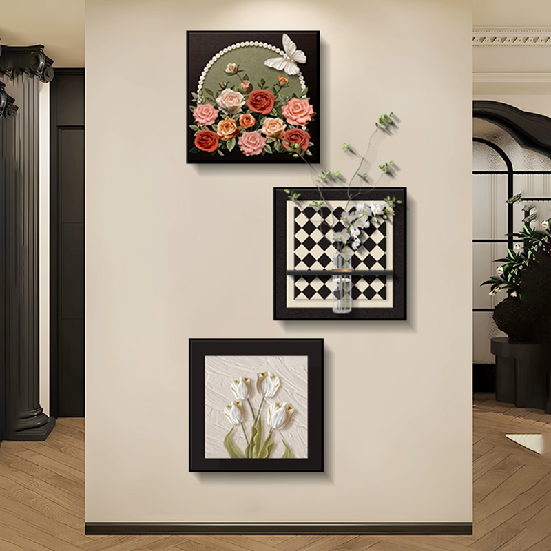 法式玫瑰入户玄关中古风卧室三联壁画复古奶油风沙发背景墙挂画