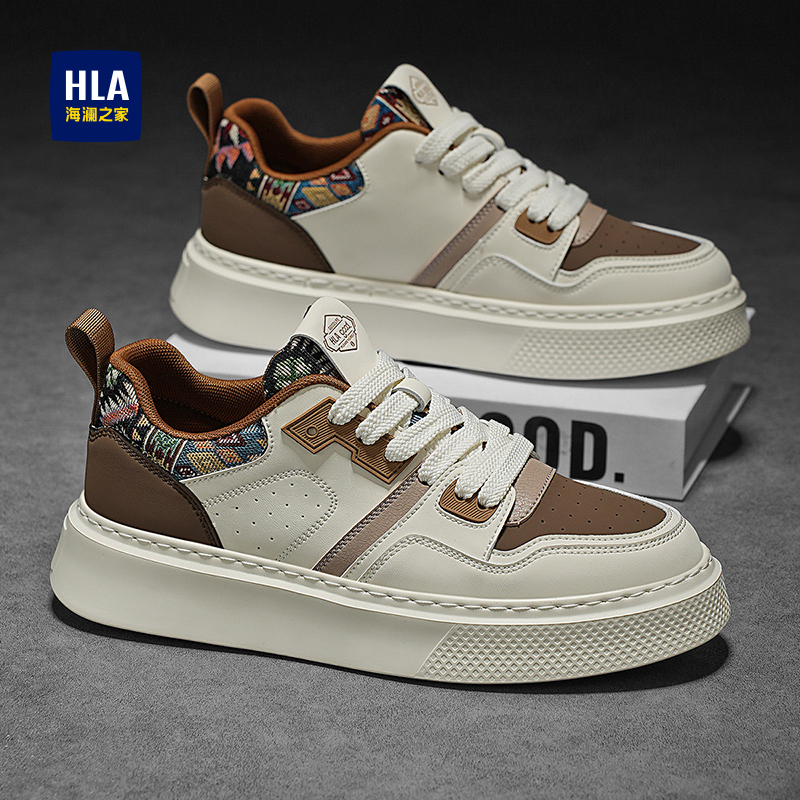 HLA/海澜之家25年新品刺绣男鞋增高舒适开车百搭休闲皮面小白板鞋