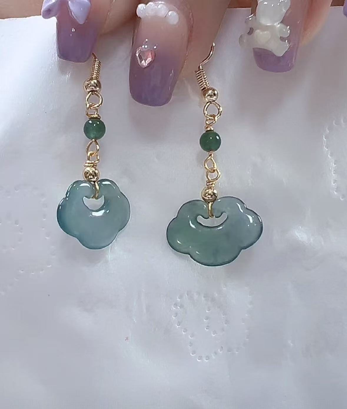 天然翡翠A货如意锁耳环（多样性发货发一对）耳钩925银