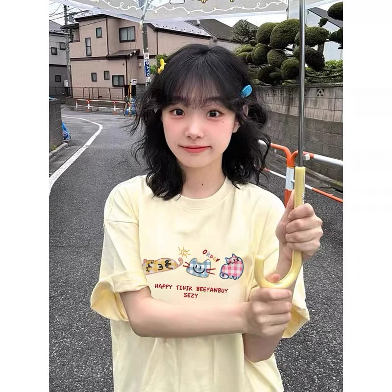 重磅纯棉短袖杏色t恤女夏季2025新款潮牌半袖宽松大版上衣情侣装