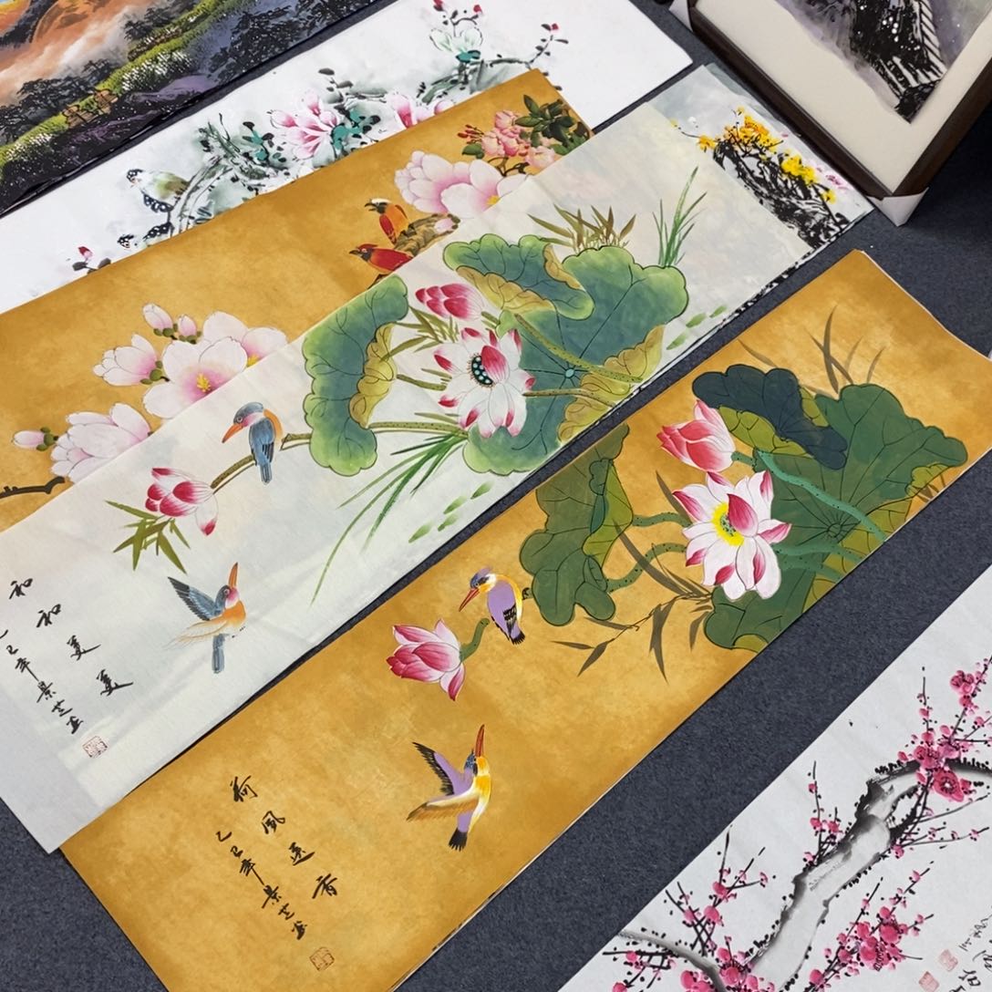 国画x*尺寸140✖️35四尺对开手绘荷花