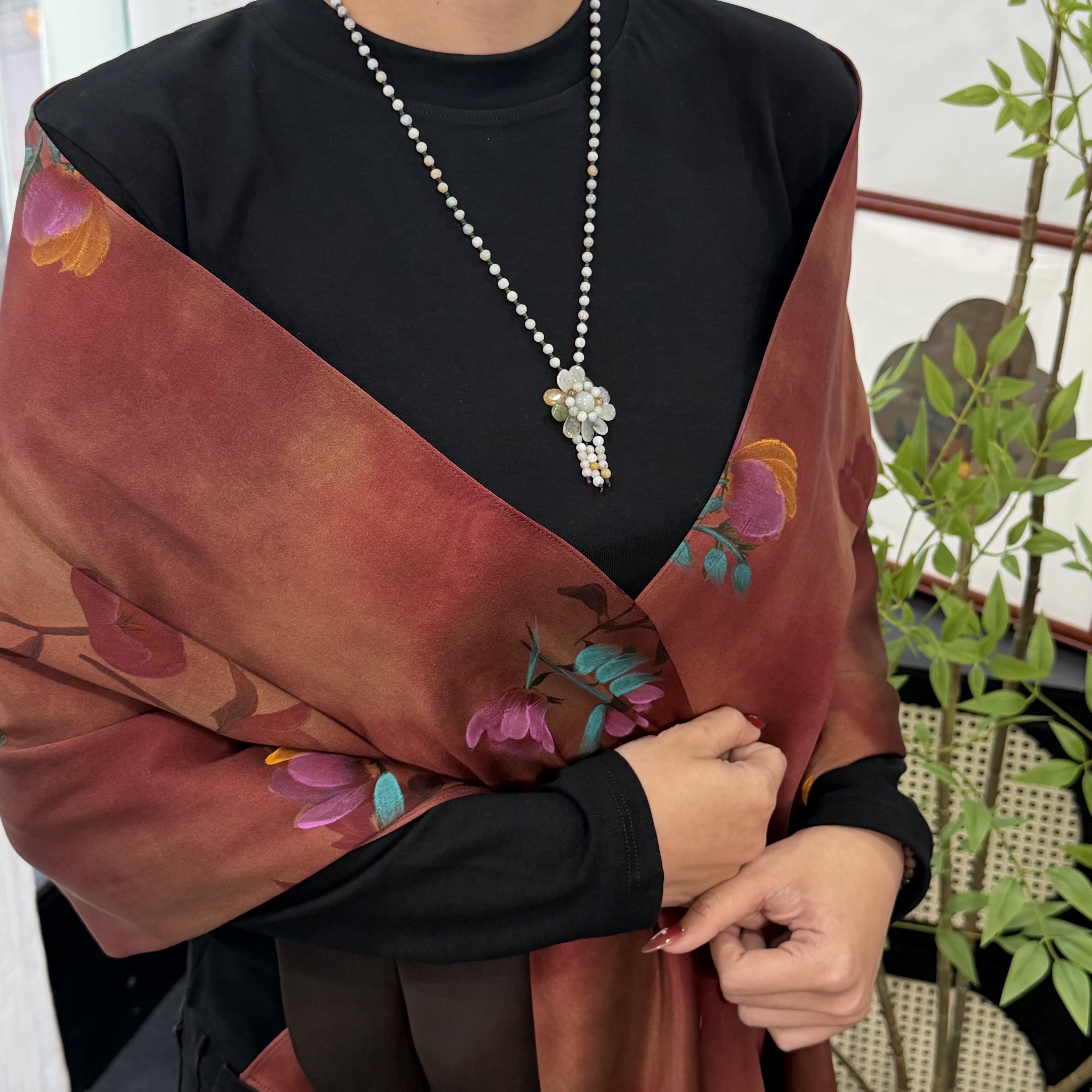 【天莨阁】 原创 前喷印花香云纱双面缎 丝巾 面料180x54