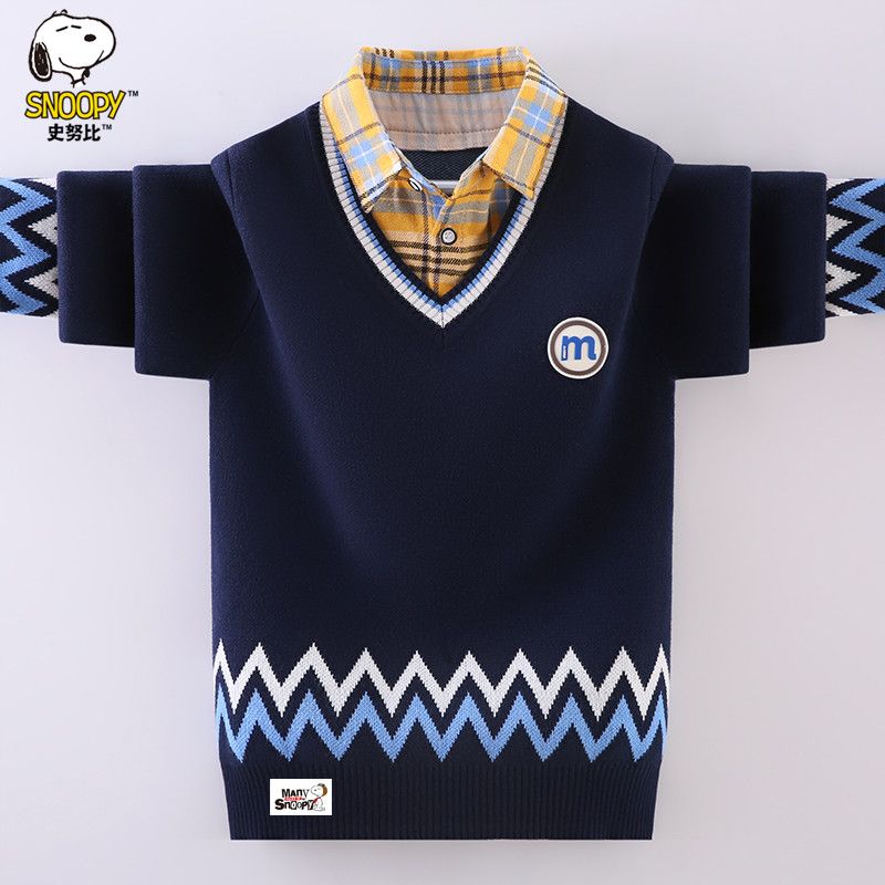 史努比男童毛衣假两件秋冬新款洋气中大童男孩加绒加厚纯棉针织衫